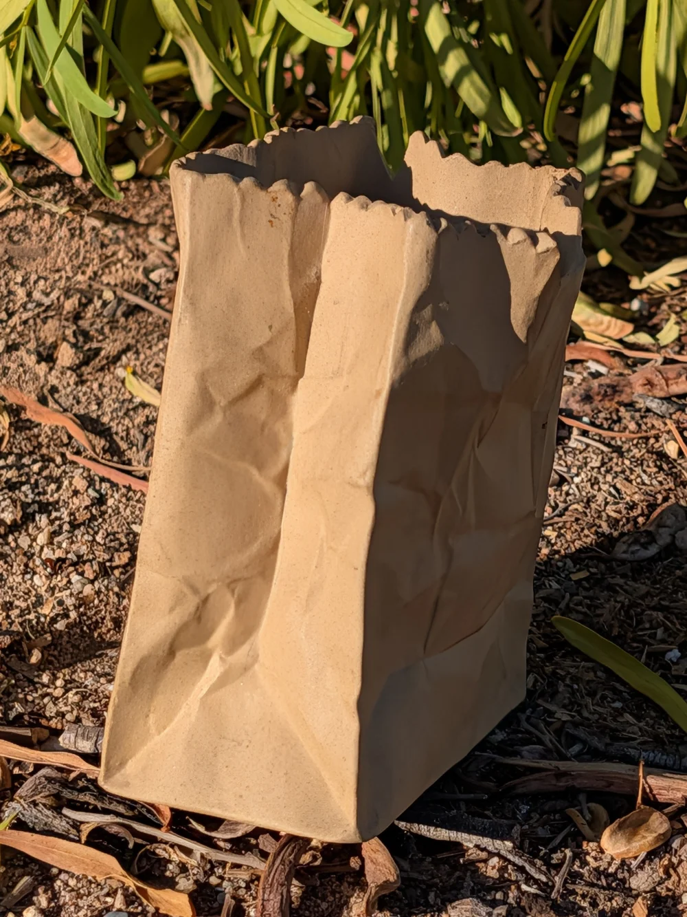 Vintage Ceramic Brown Paper Bag Vase 4.5